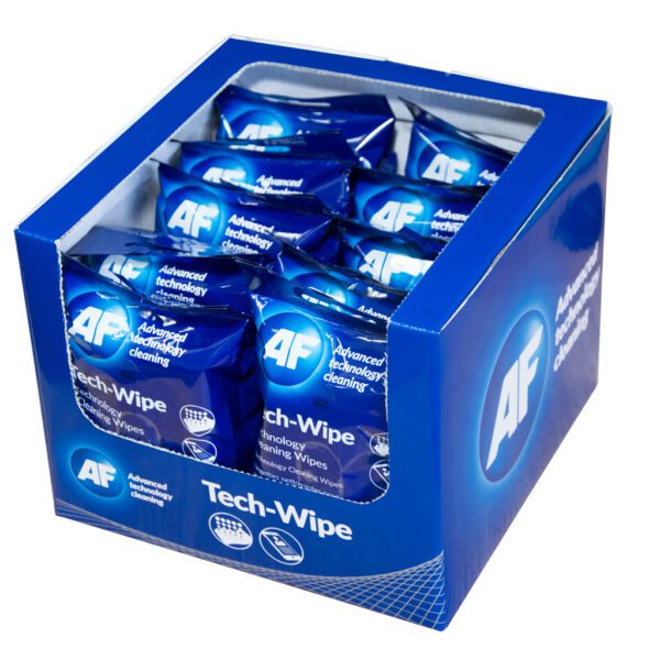 Un pack de Tech Wipes - Lingettes nettoyantes pour appareils technologiques électroniques - x25 MTW025P dans une boîte.