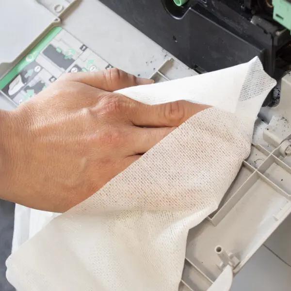 Eine Person reinigt einen Drucker mit Magic Tack Duster Cloths – x25 MTD025P.
