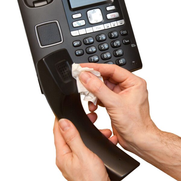 Eine Person wischt ein Telefon-Clene Telefon- und Headset-Reinigungstücher – x100 PHC100T mit einem Tuch ab.