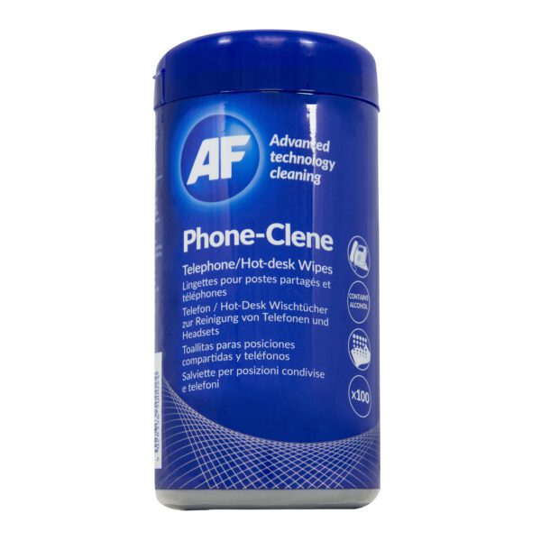 Eine Flasche Phone-Clene Telefon- und Headset-Reinigungstücher – x100 PHC100T auf weißem Hintergrund.