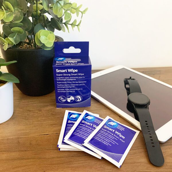 A tablet with a pair of Smart Wipes - Reusable Dry Lens and Screen Cleaning Wipe - x10 SMARTWIPE10 next to it.