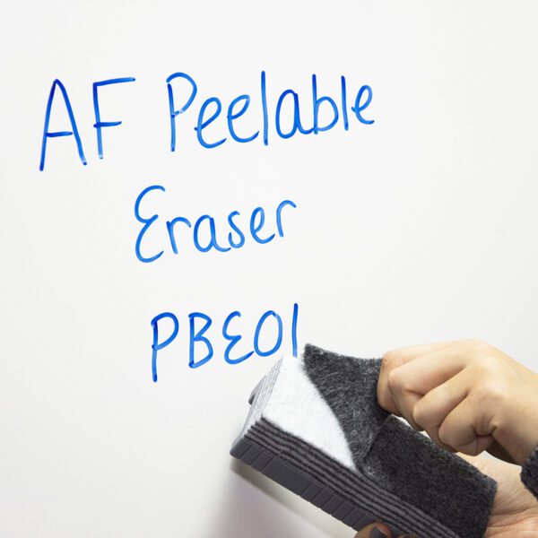 A person writing the word af reusable eraser pboi on a White Boardclene Kit - Whiteboard Cleaning Essentials - WBK000.