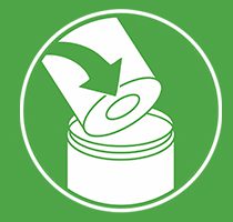 A green circle with an arrow pointing to a can.