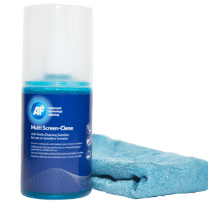 A bottle of Multi-Screen Clene - Gentle Screen Cleaning Solution & Large Microfibre Cloth - 200ml MCA200_LMF with a blue cloth.