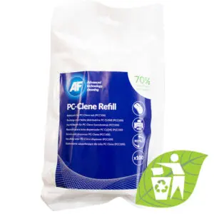 Eine Tüte PC-Clene – Antistatische PC-Reinigungstücher (Nachfüllbeutel) – x100 PCC100R mit einem Blatt darauf.