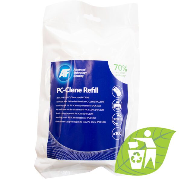 A bag of PC-Clene - Anti-static PC Cleaning Wipes (Refill Pouch) - x100 PCC100R with a leaf on it.