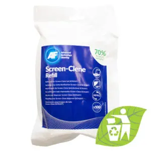 Eine Tüte Screen-Clene – Bildschirmreinigungstücher (Nachfüllbeutel) – x100 SCR100R mit einem grünen Blatt.