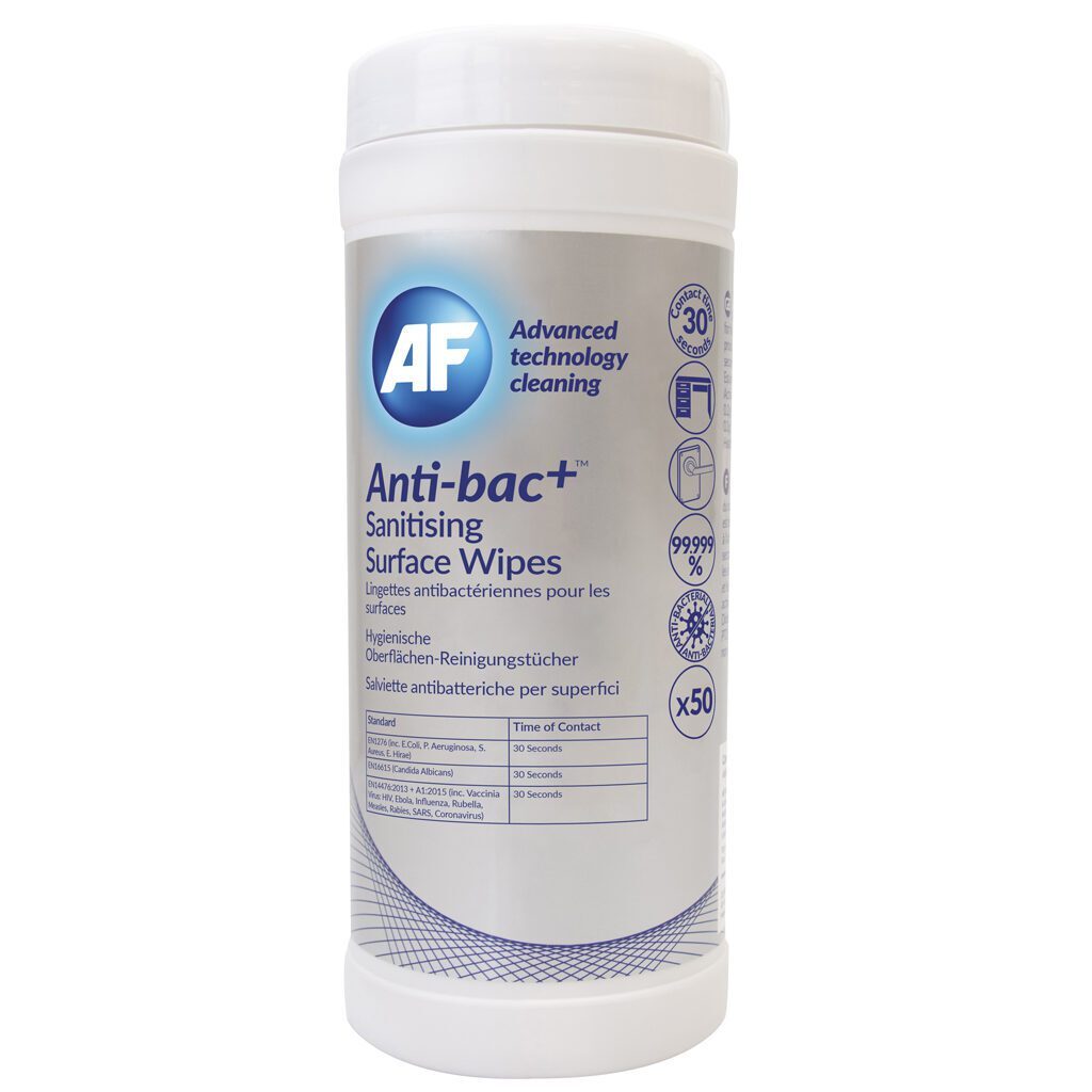 Eine Flasche Anti-bac+ desinfizierende antibakterielle Oberflächentücher – x50 ABSCW50T auf weißem Hintergrund.