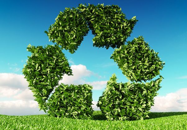Un symbole de recyclage vert dans un champ herbeux, favorisant la durabilité.