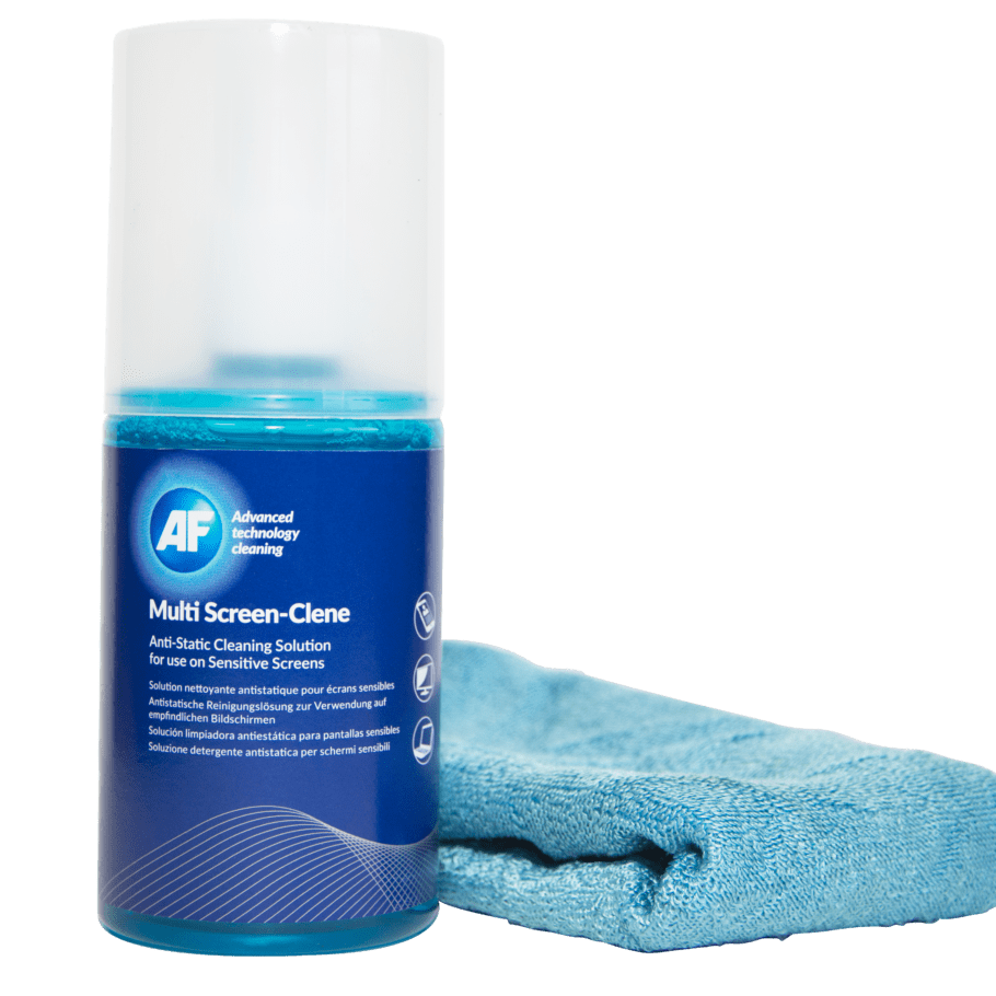 Une bouteille de Multi-Screen Clene - Solution de nettoyage d'écran douce et grand chiffon en microfibre - 200 ml MCA200_LMF avec un chiffon bleu.