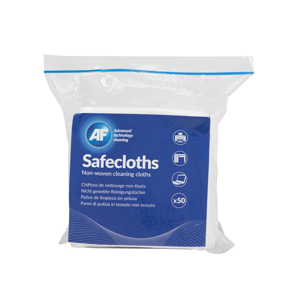 Un sac de chiffons de nettoyage non tissés Safecloths - x50 SCH050 sur fond blanc.