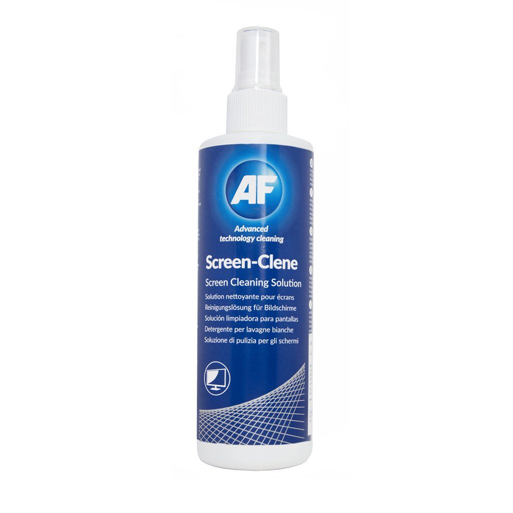 Une bouteille de Screen-Clene - Spray universel pour pompe de nettoyage d'écran - 250 ml SCS250 sur fond blanc.